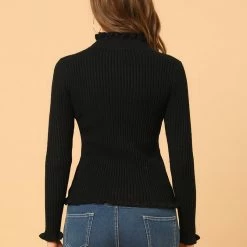 Allegra K Women's Classic-fit Lightweight Long Sleeves Ruffle Mock Neck Sweater