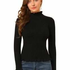 Allegra K Women's Classic-fit Lightweight Long Sleeves Ruffle Mock Neck Sweater