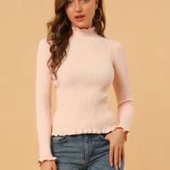 Allegra K Women's Classic-fit Lightweight Long Sleeves Ruffle Mock Neck Sweater