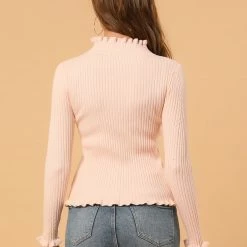 Allegra K Women's Classic-fit Lightweight Long Sleeves Ruffle Mock Neck Sweater