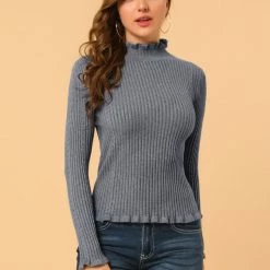 Allegra K Women's Classic-fit Lightweight Long Sleeves Ruffle Mock Neck Sweater