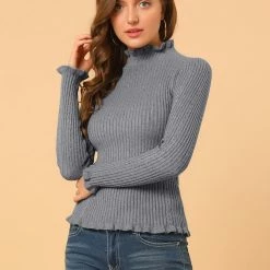 Allegra K Women's Classic-fit Lightweight Long Sleeves Ruffle Mock Neck Sweater