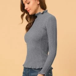 Allegra K Women's Classic-fit Lightweight Long Sleeves Ruffle Mock Neck Sweater