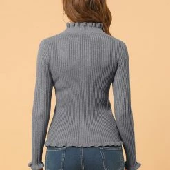 Allegra K Women's Classic-fit Lightweight Long Sleeves Ruffle Mock Neck Sweater