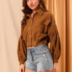 Allegra K Women's Casual Button Down Short Jackets Puff Long Sleeve Cropped Corduroy Jacket