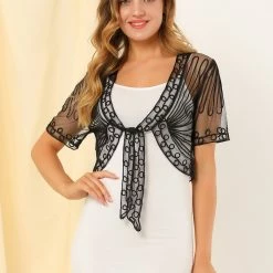 Allegra K Women's Lace Mesh Short Tie Front Shrug 35 Allegra K Women's Lace Mesh Short Tie Front Shrug