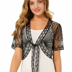 Allegra K Women's Lace Mesh Short Tie Front Shrug 34 Allegra K Women's Lace Mesh Short Tie Front Shrug
