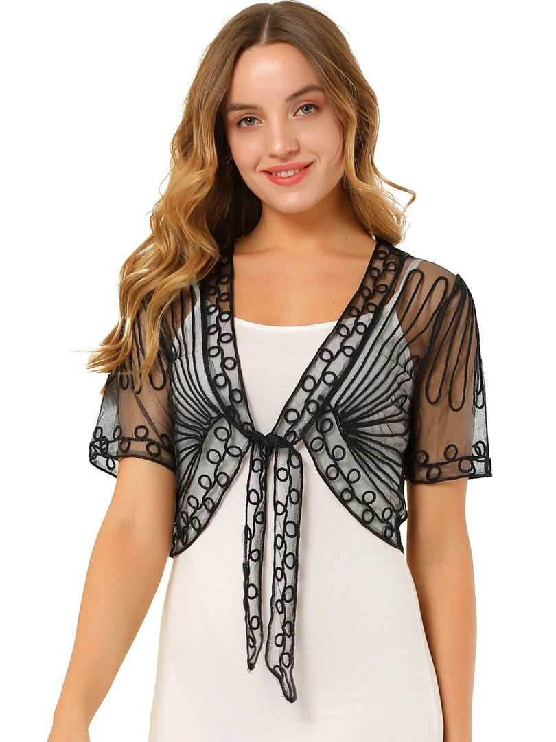 Allegra K Women's Lace Mesh Short Tie Front Shrug 16 Allegra K Women's Lace Mesh Short Tie Front Shrug