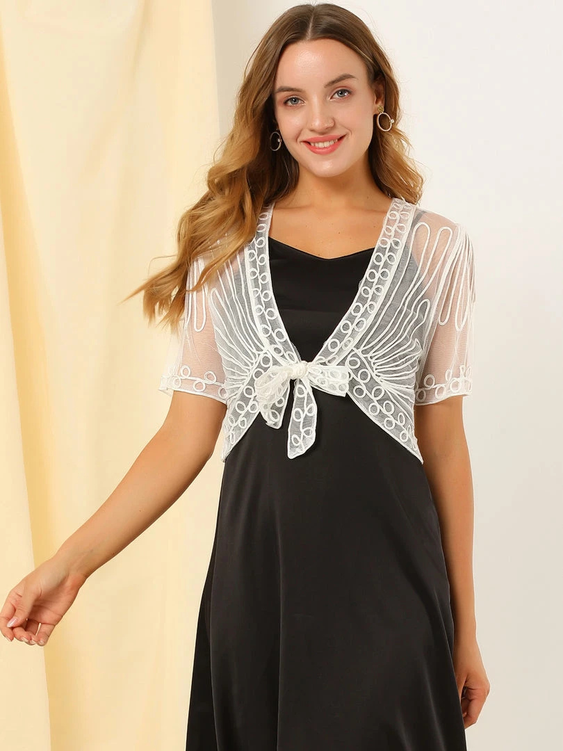 Allegra K Women's Lace Mesh Short Tie Front Shrug 11 Allegra K Women's Lace Mesh Short Tie Front Shrug