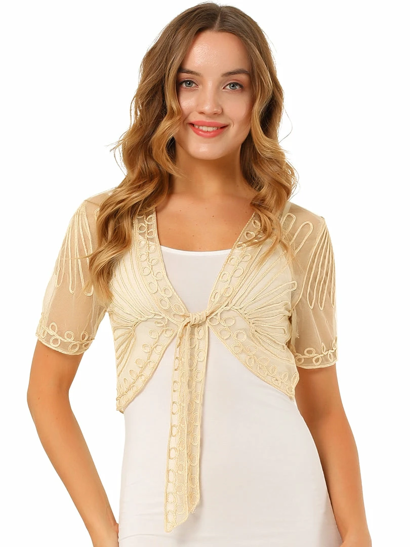 Allegra K Women's Lace Mesh Short Tie Front Shrug 4 Allegra K Women's Lace Mesh Short Tie Front Shrug