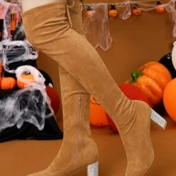 Allegra K Shoes Women's Chunky Heels Rhinestone Over The Knee High Boots