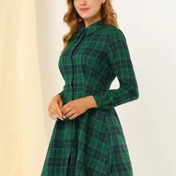 Allegra K Women's Plaid Shirtdress Cinched Waist Button Up Casual A-Line Tartan Shirt Mini Dress