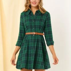Allegra K Women's Plaid Shirtdress Cinched Waist Button Up Casual A-Line Tartan Shirt Mini Dress