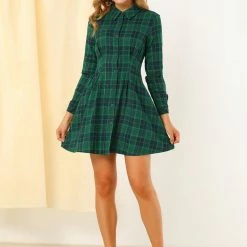 Allegra K Women's Plaid Shirtdress Cinched Waist Button Up Casual A-Line Tartan Shirt Mini Dress