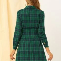 Allegra K Women's Plaid Shirtdress Cinched Waist Button Up Casual A-Line Tartan Shirt Mini Dress