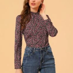 Allegra K Women's Floral Print Long Sleeve Ruffle High Neck Chiffon Blouse