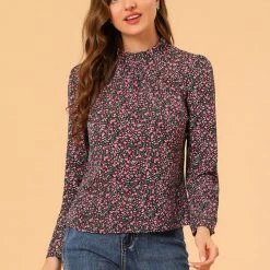 Allegra K Women's Floral Print Long Sleeve Ruffle High Neck Chiffon Blouse