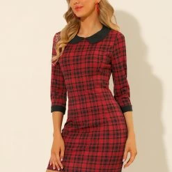 Allegra K Women's Contrast Peter Pan Collar Keyhole Back Plaid Bodycon Dresses