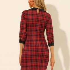 Allegra K Women's Contrast Peter Pan Collar Keyhole Back Plaid Bodycon Dresses