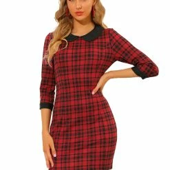 Allegra K Women's Contrast Peter Pan Collar Keyhole Back Plaid Bodycon Dresses