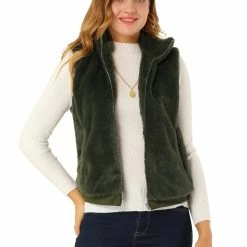 Allegra K Women's Stand Collar Zip Faux Fur Vest Warm Outwear Coat