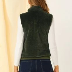 Allegra K Women's Stand Collar Zip Faux Fur Vest Warm Outwear Coat
