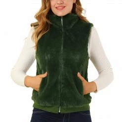 Allegra K Women's Stand Collar Zip Faux Fur Vest Warm Outwear Coat