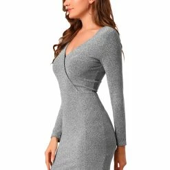 Allegra K V Neck Long Sleeve Stretchy Glitter Bodycon Dress 46 Allegra K V Neck Long Sleeve Stretchy Glitter Bodycon Dress