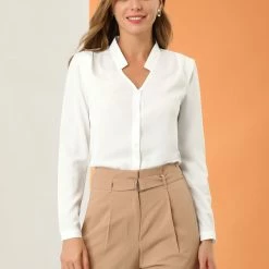 Allegra K Women's Elegant V Neck Work Office Button Up Shirt