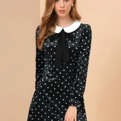 Allegra K Women's Vintage Polka Dots A-line Peter Pan Collar Cute Velvet Dress