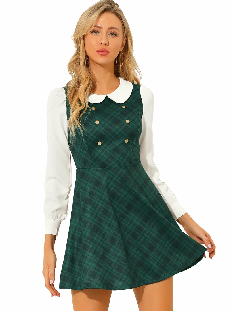 Allegra K Women's Doll Collar Contrast Color Button Decor Fit And Flare Plaid Dress 10 Allegra K Women's Doll Collar Contrast Color Button Decor Fit And Flare Plaid Dress