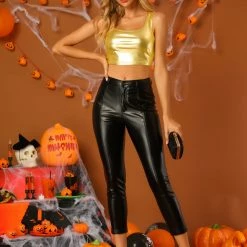 Allegra K Women's U Neck Sleeveless Party Clubwear Shiny Metallic Crop Top