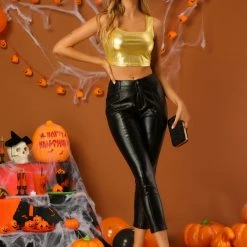 Allegra K Women's U Neck Sleeveless Party Clubwear Shiny Metallic Crop Top