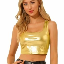 Allegra K Women's U Neck Sleeveless Party Clubwear Shiny Metallic Crop Top