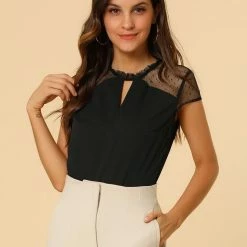 Allegra K Women's Ruffle Neck Mesh Panel Keyhole Back Cap Sleeve Blouse 23 Allegra K Women's Ruffle Neck Mesh Panel Keyhole Back Cap Sleeve Blouse