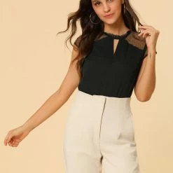 Allegra K Women's Ruffle Neck Mesh Panel Keyhole Back Cap Sleeve Blouse 24 Allegra K Women's Ruffle Neck Mesh Panel Keyhole Back Cap Sleeve Blouse