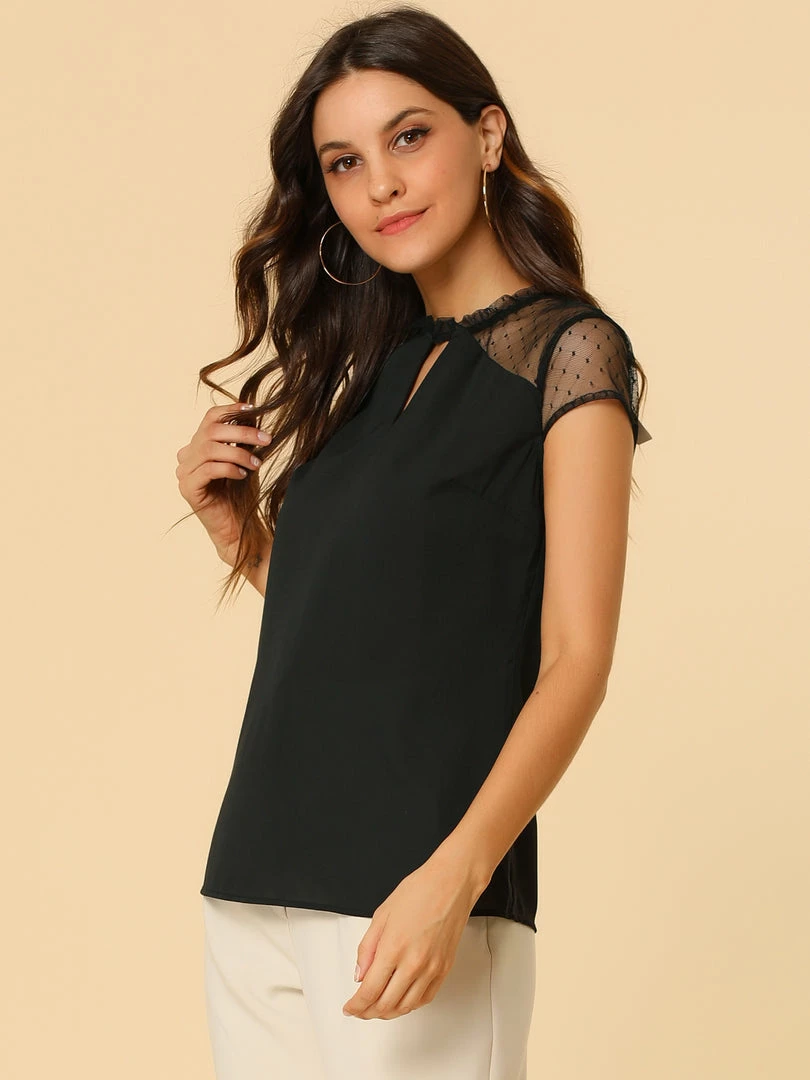Allegra K Women's Ruffle Neck Mesh Panel Keyhole Back Cap Sleeve Blouse 13 Allegra K Women's Ruffle Neck Mesh Panel Keyhole Back Cap Sleeve Blouse