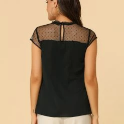 Allegra K Women's Ruffle Neck Mesh Panel Keyhole Back Cap Sleeve Blouse 26 Allegra K Women's Ruffle Neck Mesh Panel Keyhole Back Cap Sleeve Blouse