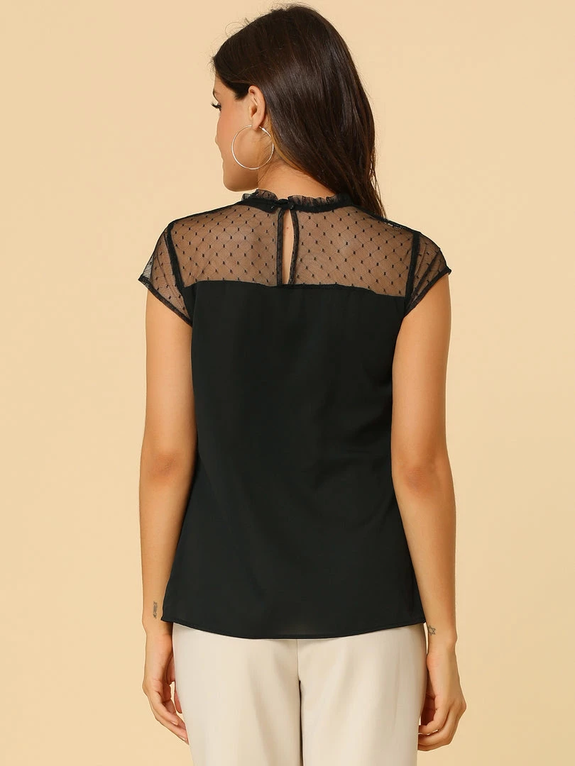 Allegra K Women's Ruffle Neck Mesh Panel Keyhole Back Cap Sleeve Blouse 14 Allegra K Women's Ruffle Neck Mesh Panel Keyhole Back Cap Sleeve Blouse