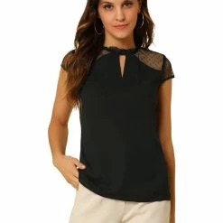 Allegra K Women's Ruffle Neck Mesh Panel Keyhole Back Cap Sleeve Blouse 22 Allegra K Women's Ruffle Neck Mesh Panel Keyhole Back Cap Sleeve Blouse