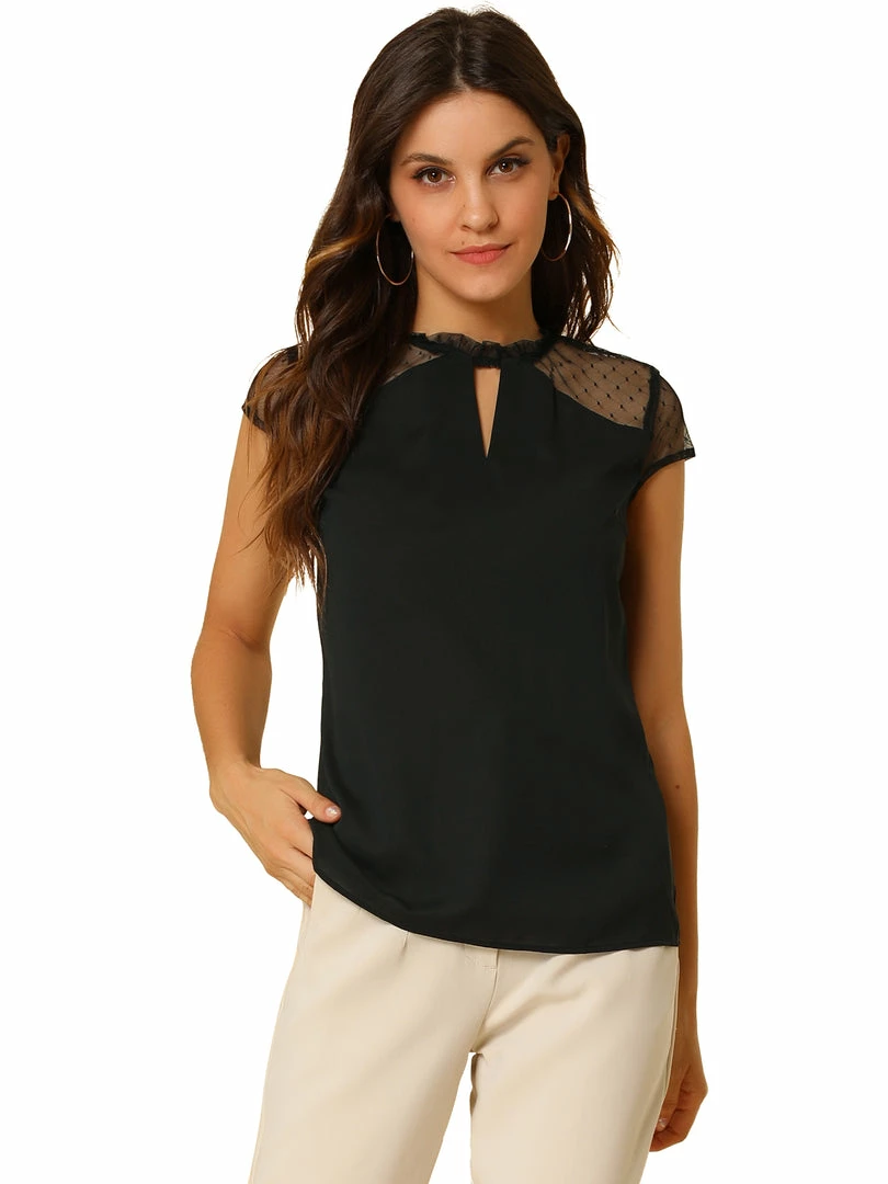 Allegra K Women's Ruffle Neck Mesh Panel Keyhole Back Cap Sleeve Blouse 10 Allegra K Women's Ruffle Neck Mesh Panel Keyhole Back Cap Sleeve Blouse