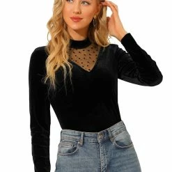 Allegra K Women's Heart-Shaped Swiss Dots Mesh Panel Slim Fit V-Cut Neck Patchwork Velvet Top