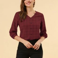 Allegra K Women's Plaid Blouses 3/4 Sleeve Check Spring Casual Shirt Tops