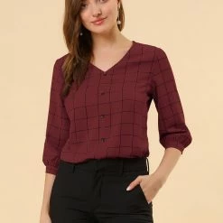 Allegra K Women's Plaid Blouses 3/4 Sleeve Check Spring Casual Shirt Tops