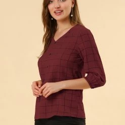 Allegra K Women's Plaid Blouses 3/4 Sleeve Check Spring Casual Shirt Tops