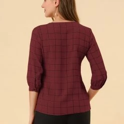 Allegra K Women's Plaid Blouses 3/4 Sleeve Check Spring Casual Shirt Tops