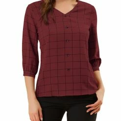 Allegra K Women's Plaid Blouses 3/4 Sleeve Check Spring Casual Shirt Tops