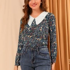 Allegra K Women's Contrast Doll Collar Keyhole Back Long Sleeve Floral Blouse Tops