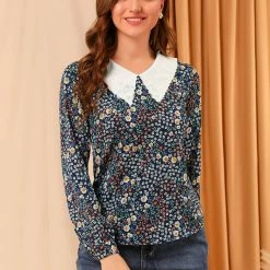 Allegra K Women's Contrast Doll Collar Keyhole Back Long Sleeve Floral Blouse Tops