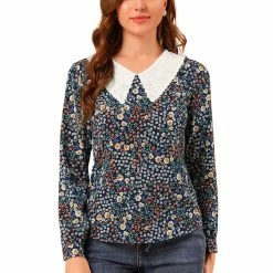 Allegra K Women's Contrast Doll Collar Keyhole Back Long Sleeve Floral Blouse Tops
